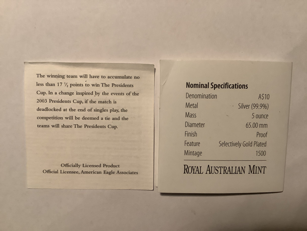 2011 $10 The Presidents Cup 5 ounce Silver Proof Selectively Gold Plated Coin