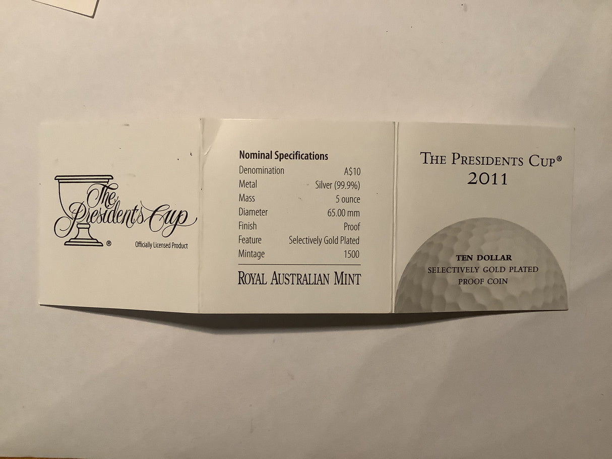 2011 $10 The Presidents Cup 5 ounce Silver Proof Selectively Gold Plated Coin