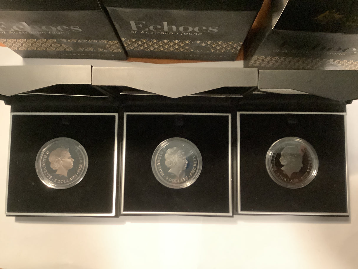 2019 Echoes of Australia three-coin Complete Series. Tasmania Tiger, Lesser Bilby, Night Parrot.