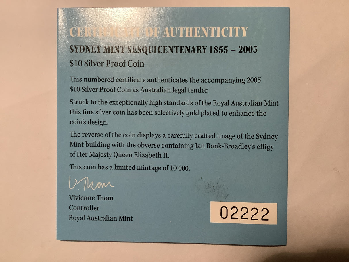 2005 $10 Silver Proof Coin. Sydney Mint Sesquicentenary 1855-2005