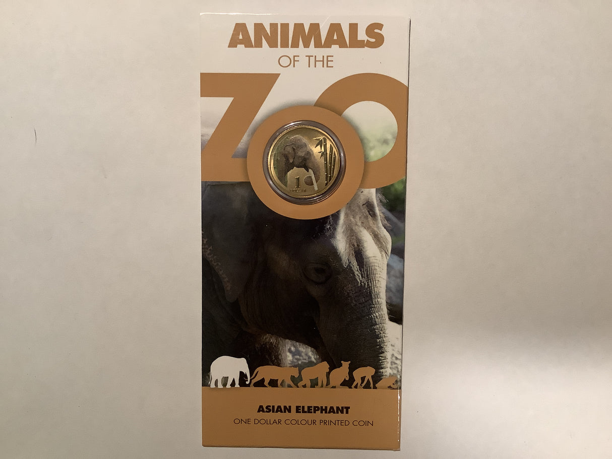 2012 $1 Colour Printed Coin. Animals of the Zoo. Asian Elephant.
