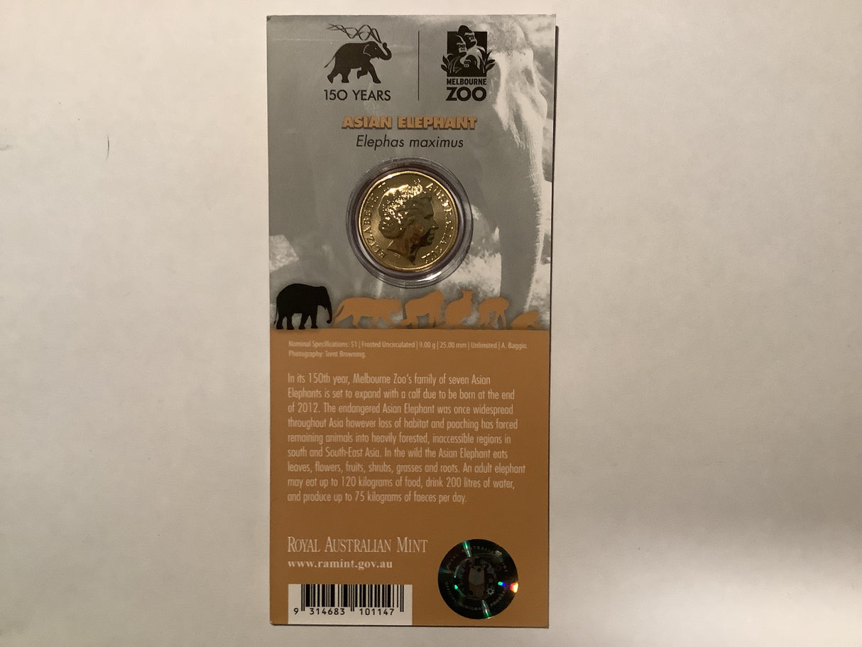 2012 $1 Colour Printed Coin. Animals of the Zoo. Asian Elephant.