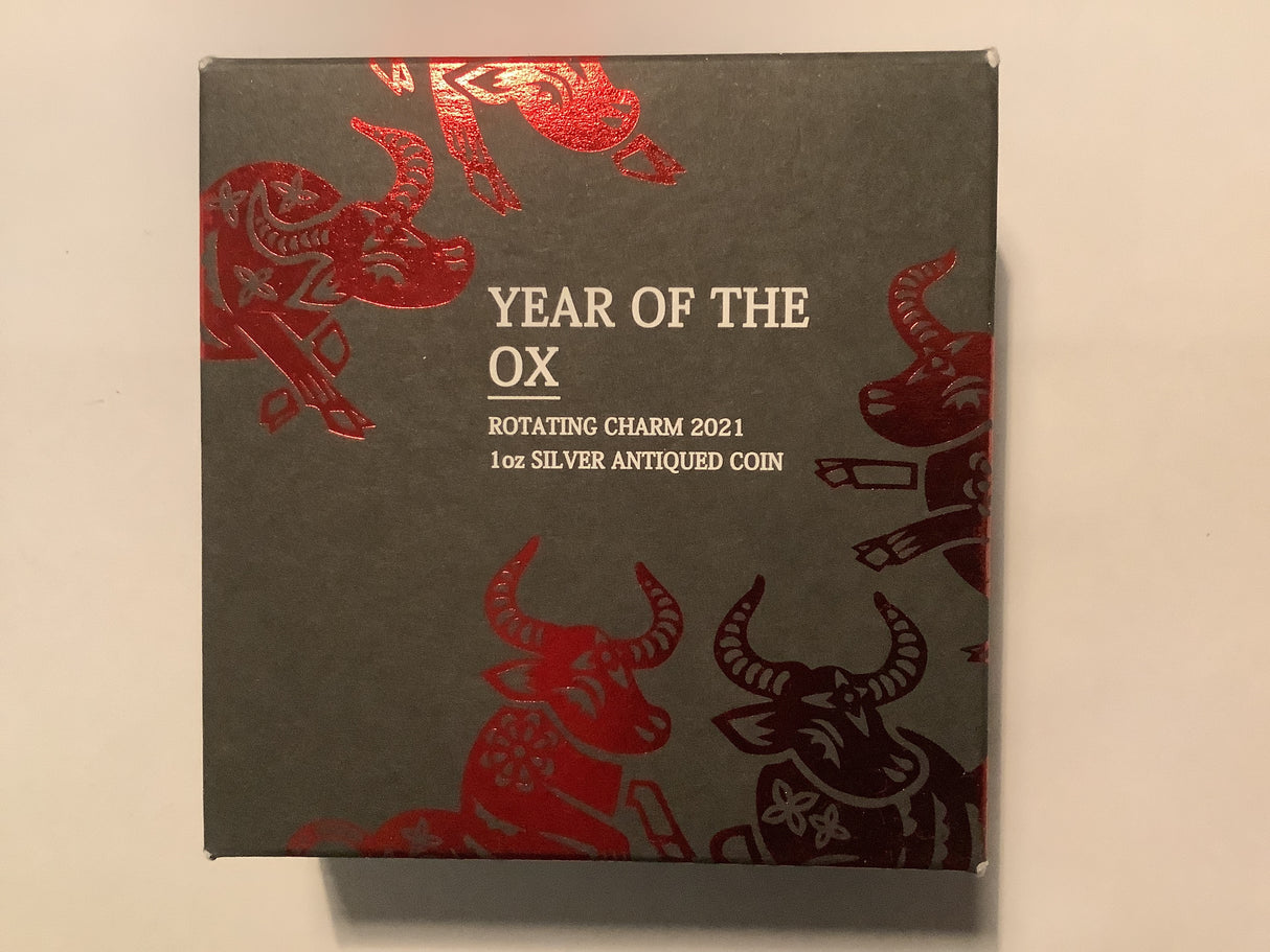 2021 Year of the Ox Rotating Charm. 1oz Silver Antiqued Coin.
