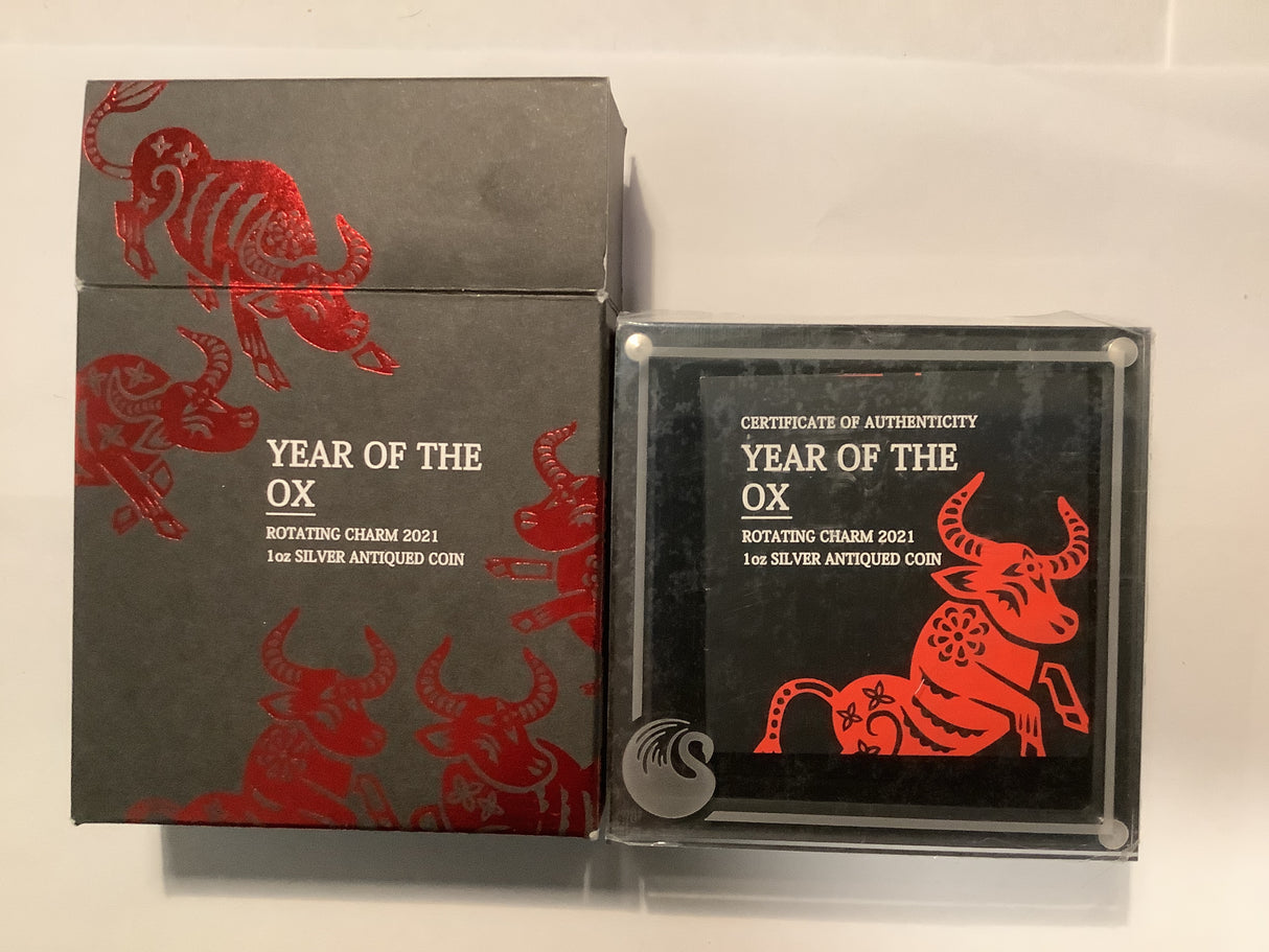 2021 Year of the Ox Rotating Charm. 1oz Silver Antiqued Coin.