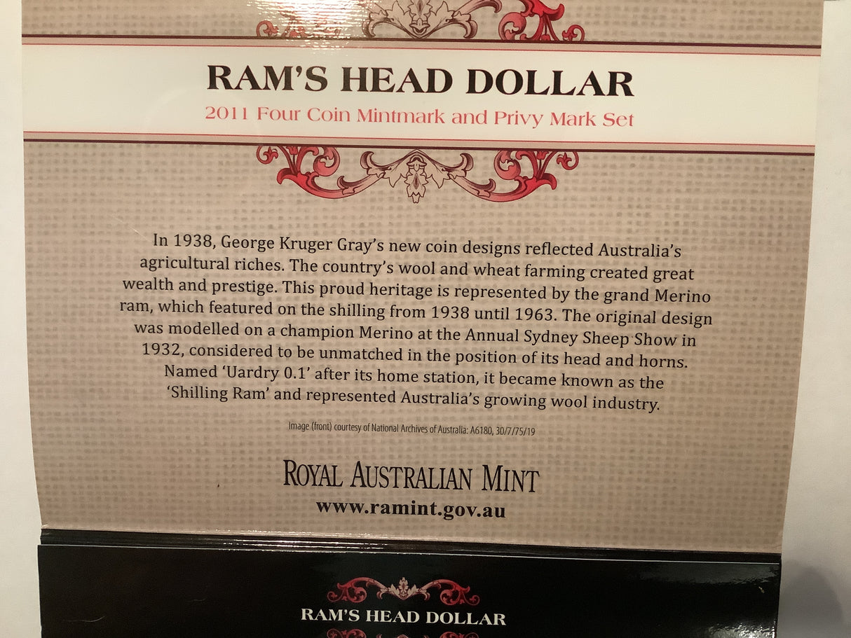 2011 Ram's Head $1 Four Coin Mintmark and Privy Mark Set.