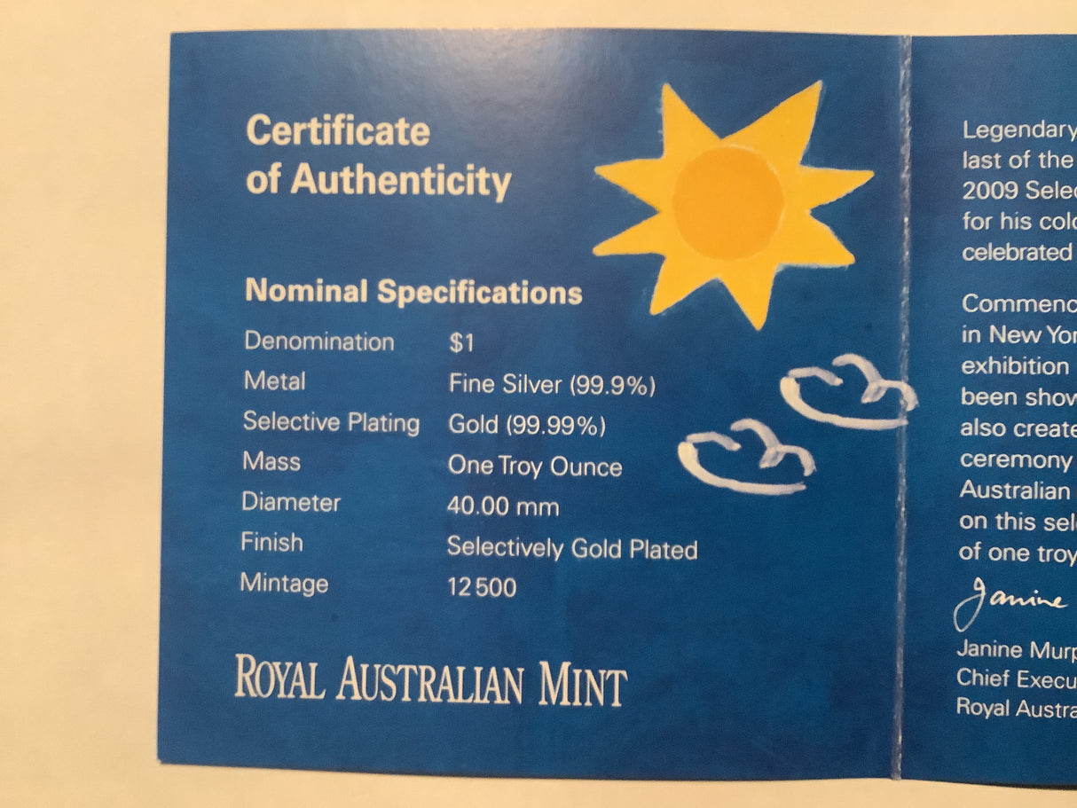 2009 $1 Selectively Gold Plated Silver Coin. Artist Series: Ken Done.