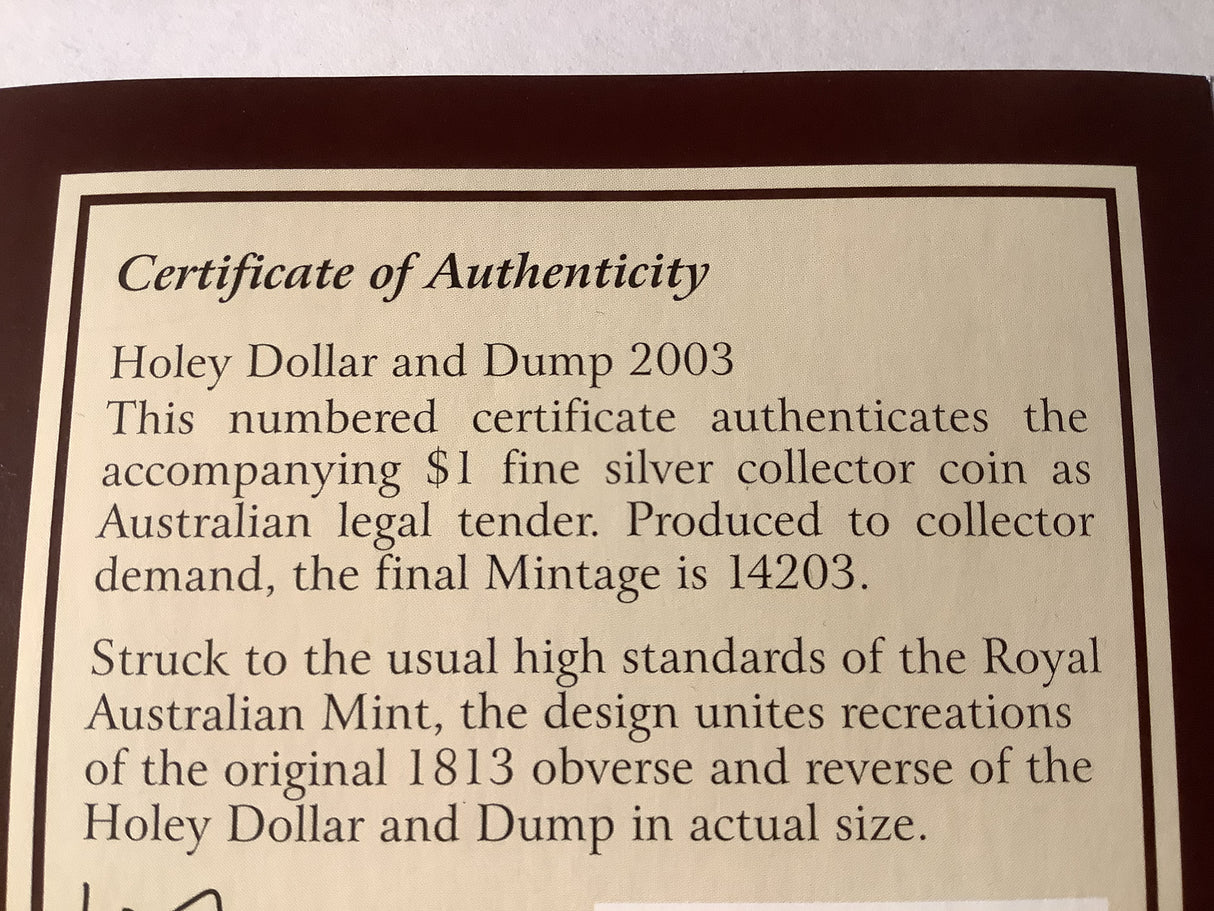 2003 $1 Holey Dollar and Dump silver proof coin
