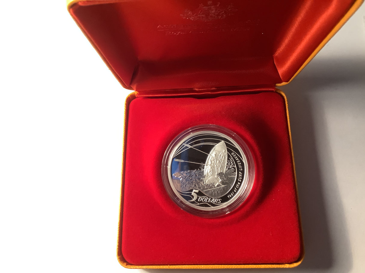 2007 $5 Year of the Surf Lifesaver Silver Proof Coin.