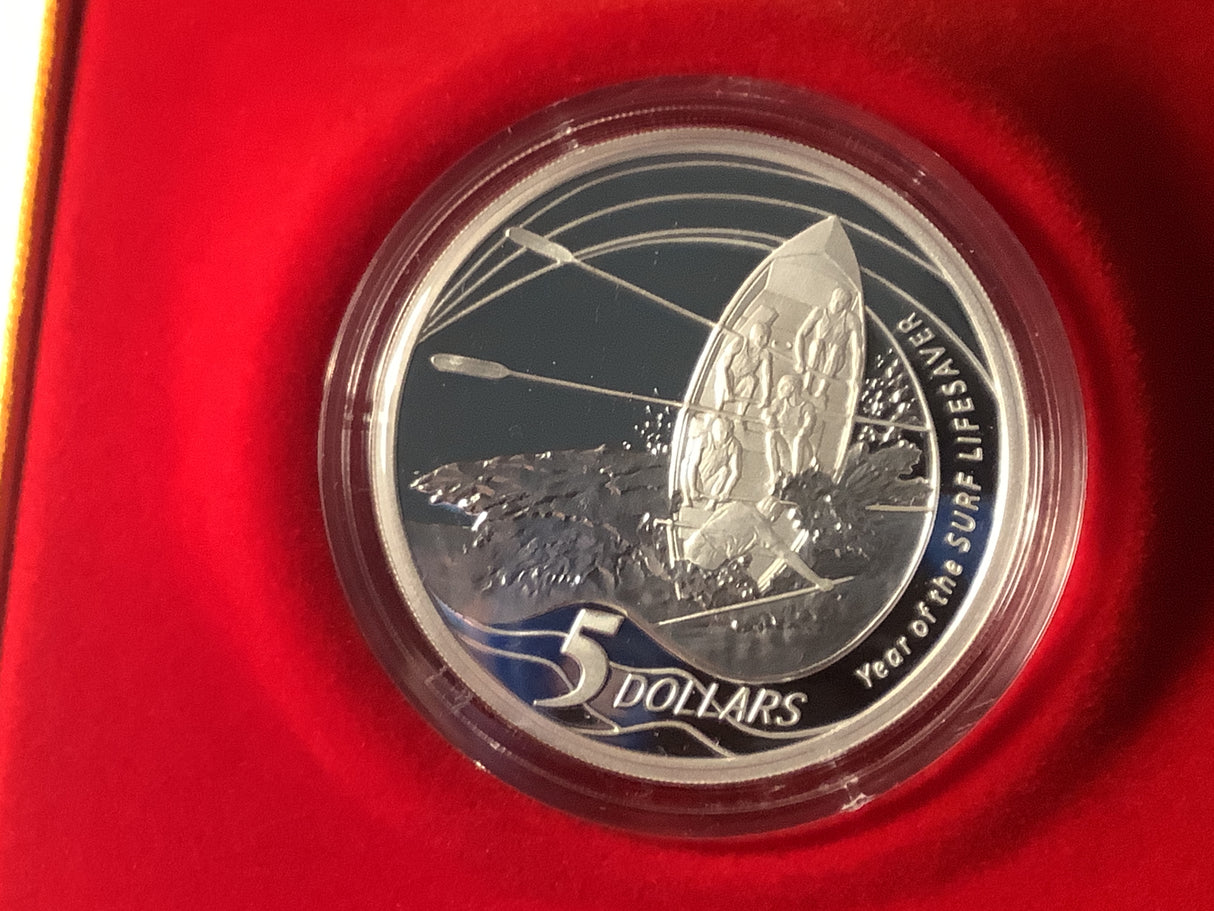 2007 $5 Year of the Surf Lifesaver Silver Proof Coin.