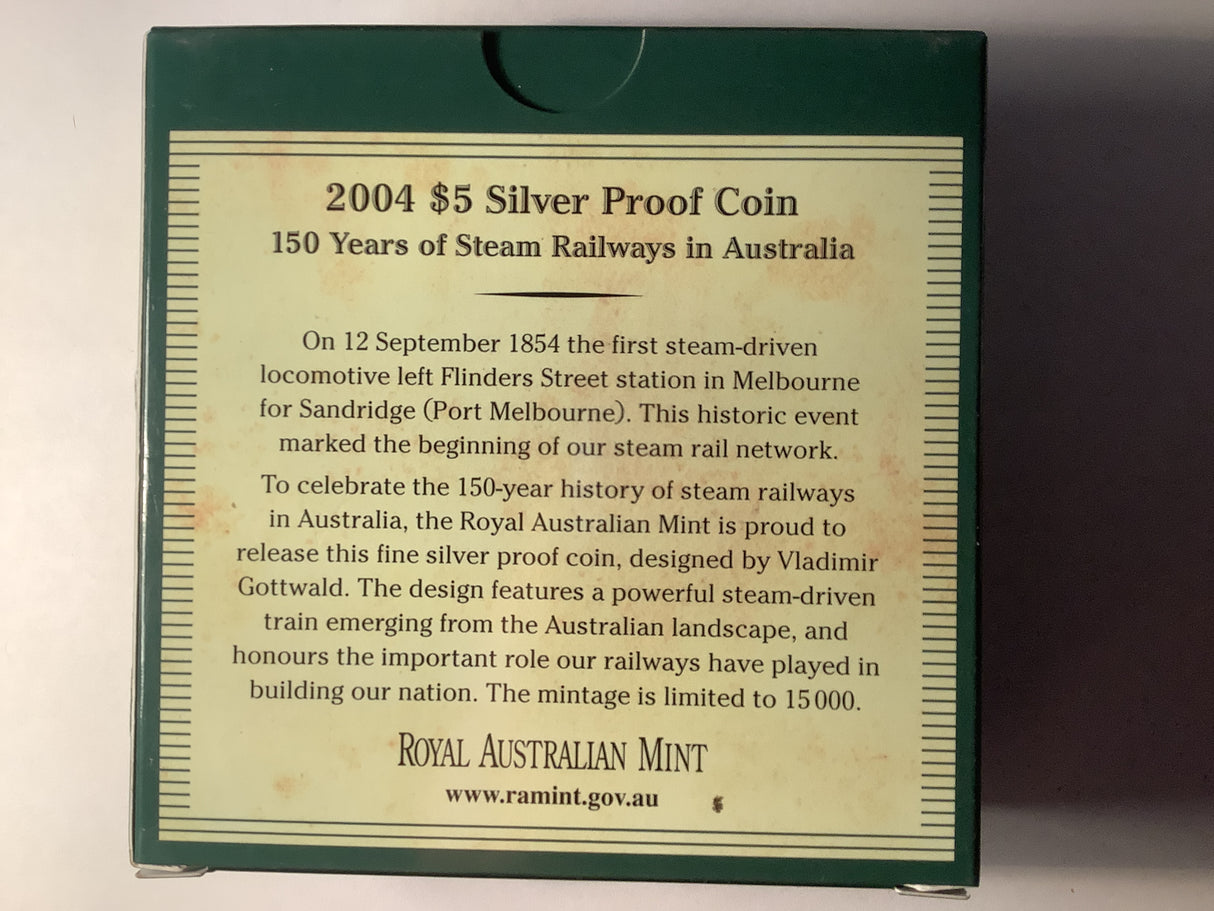 2004 $5 Silver Proof. 150 Years of Steam Railways in Australia