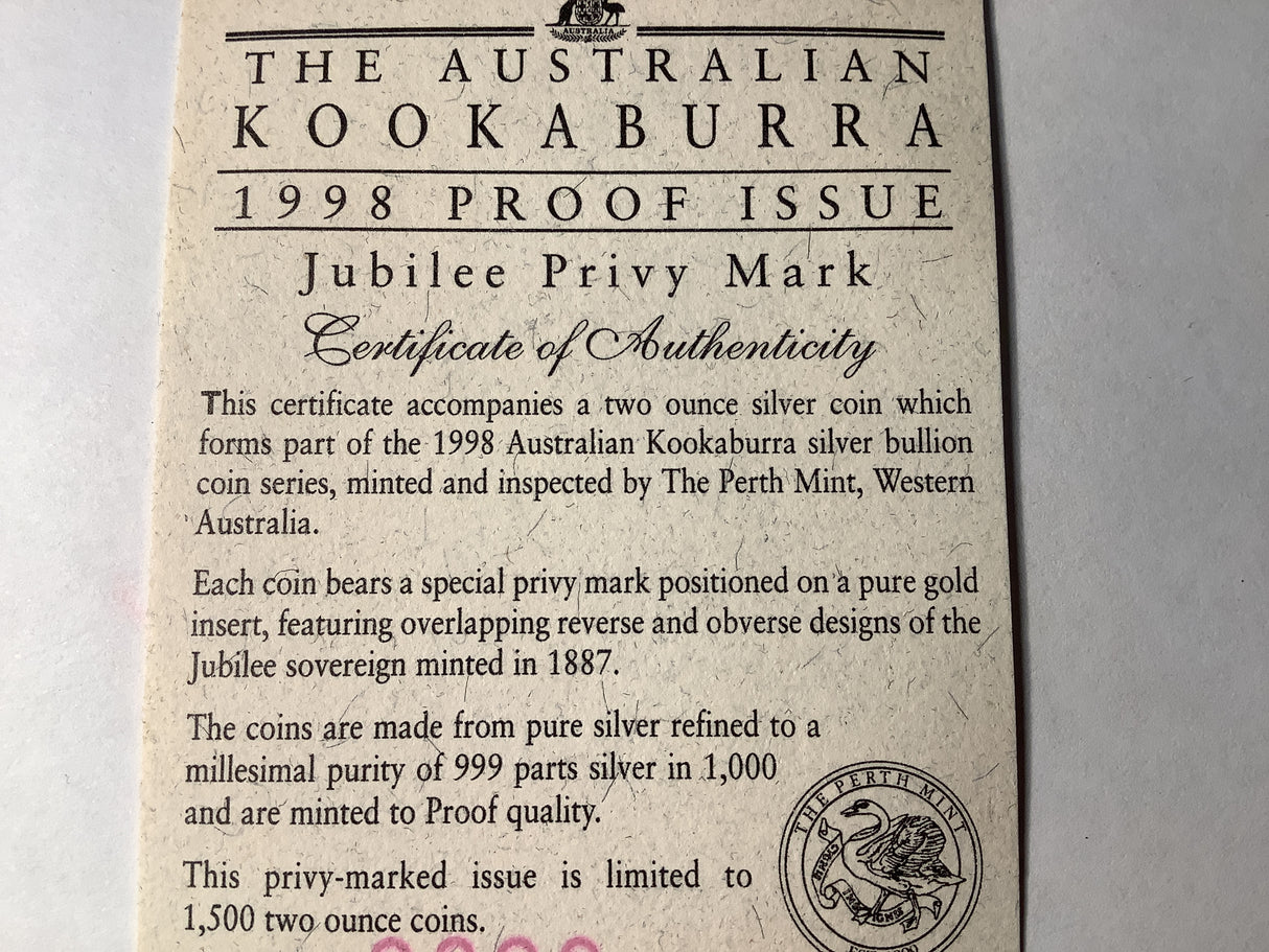 1998 $2 Silver Proof Kookaburra with Gold Jubilee Sovereign Privy Mark.