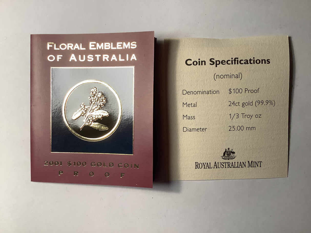 2001 $100 Floral Emblems of Australia Proof Gold Coin.