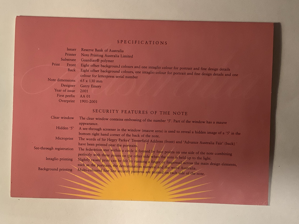 2001 $5 Note Centenary of Federation NPA Folder.