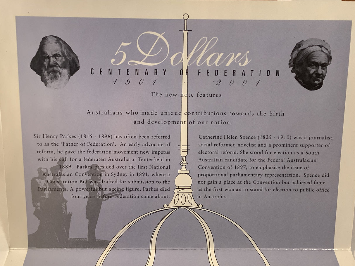 2001 $5 Note Centenary of Federation NPA Folder.