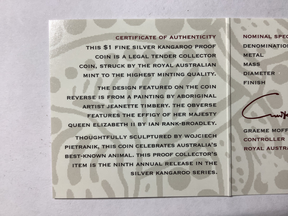 2001 $1 Silver Kangaroo Proof Coin.