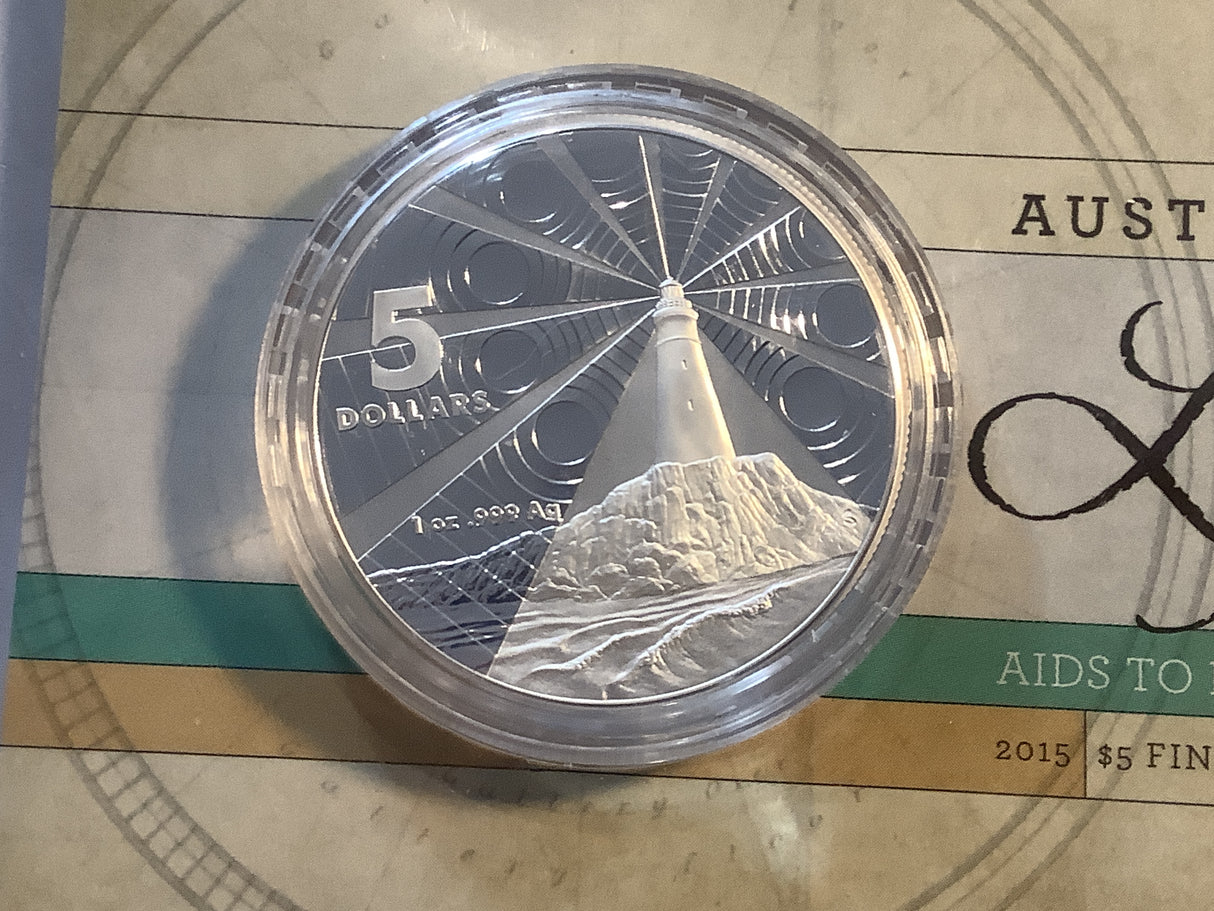 2015 $5 Australian Lighthouses: Aids to Navigation fine silver frosted uncirculated coin.