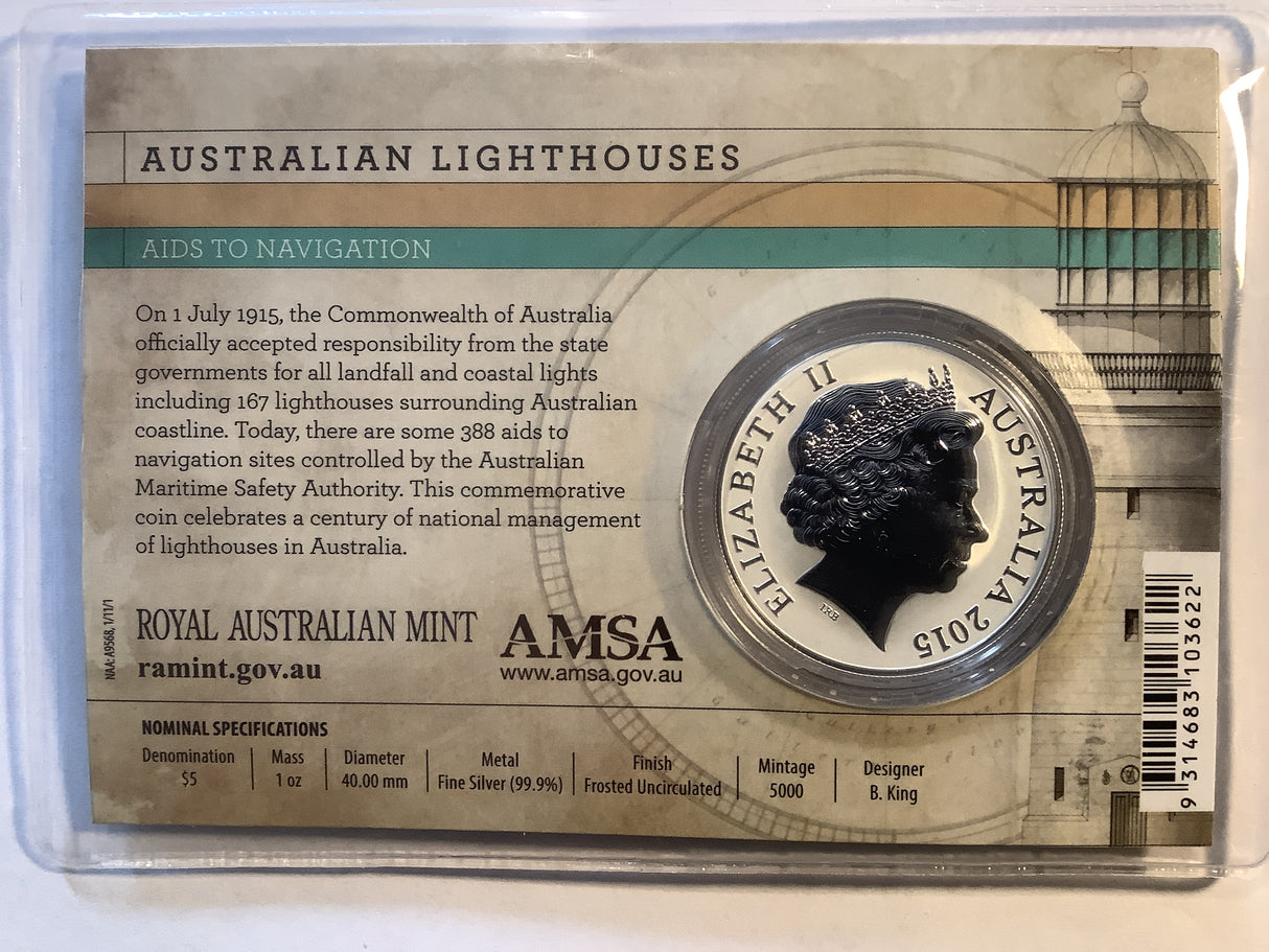 2015 $5 Australian Lighthouses: Aids to Navigation fine silver frosted uncirculated coin.