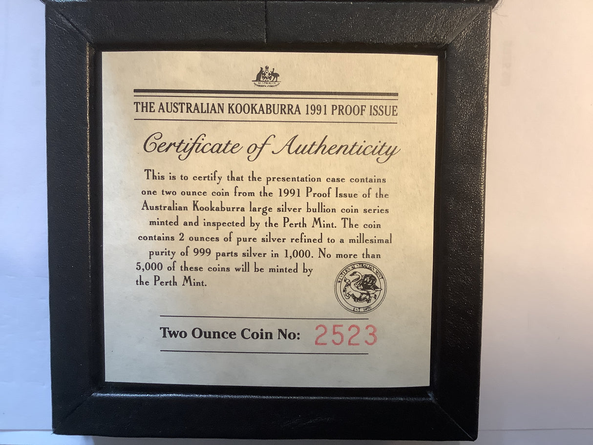 1991 The Australian Kookaburra 2oz Proof Coin.