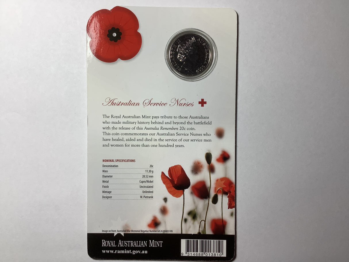 2009 20c Uncirculated Coin. Australia Remembers Australian Service Nurses.