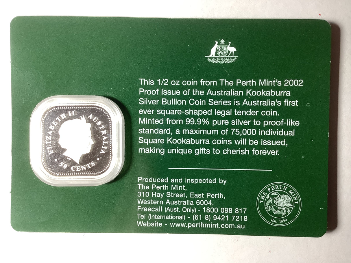 2002 50c The Australian Kookaburra 1/2 ounce Silver Proof Square Coin.