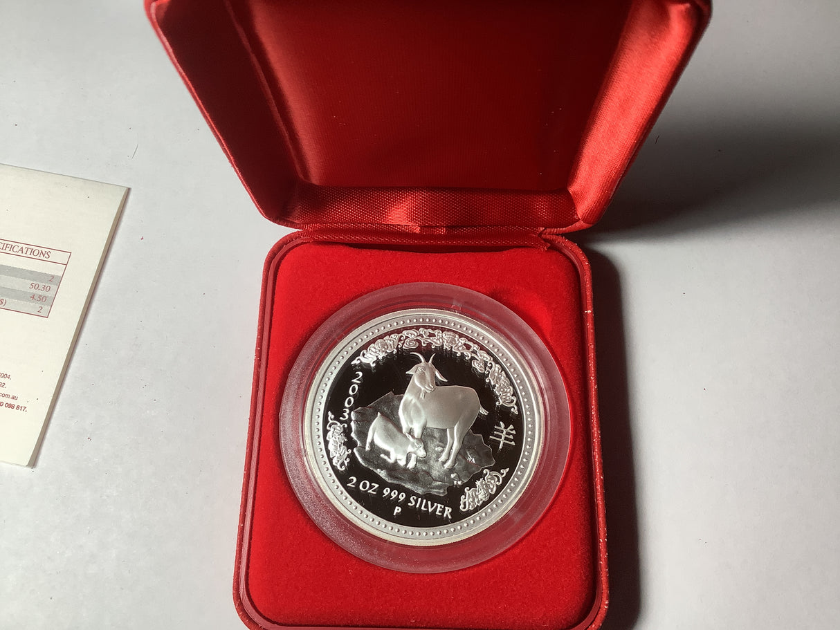 2003 $2 Australian Proof Lunar Silver Coin Series. Year of the Goat 2-ounce Silver Coin.