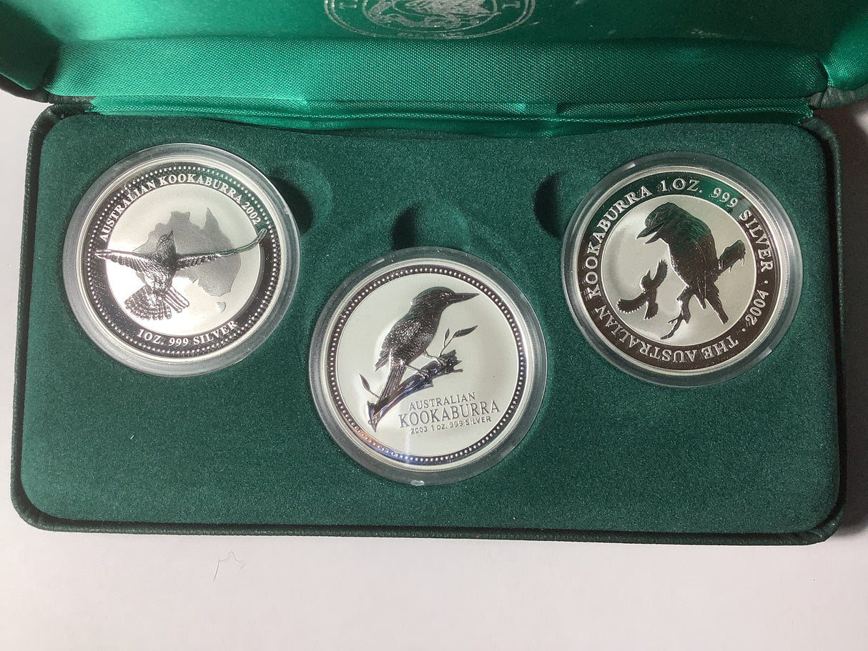 2002-2004 3 x 1 Ounce Silver Kookaburra Coin Set.