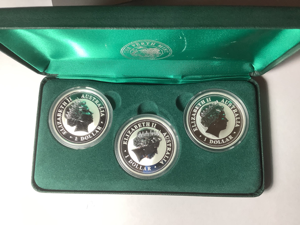 2002-2004 3 x 1 Ounce Silver Kookaburra Coin Set.