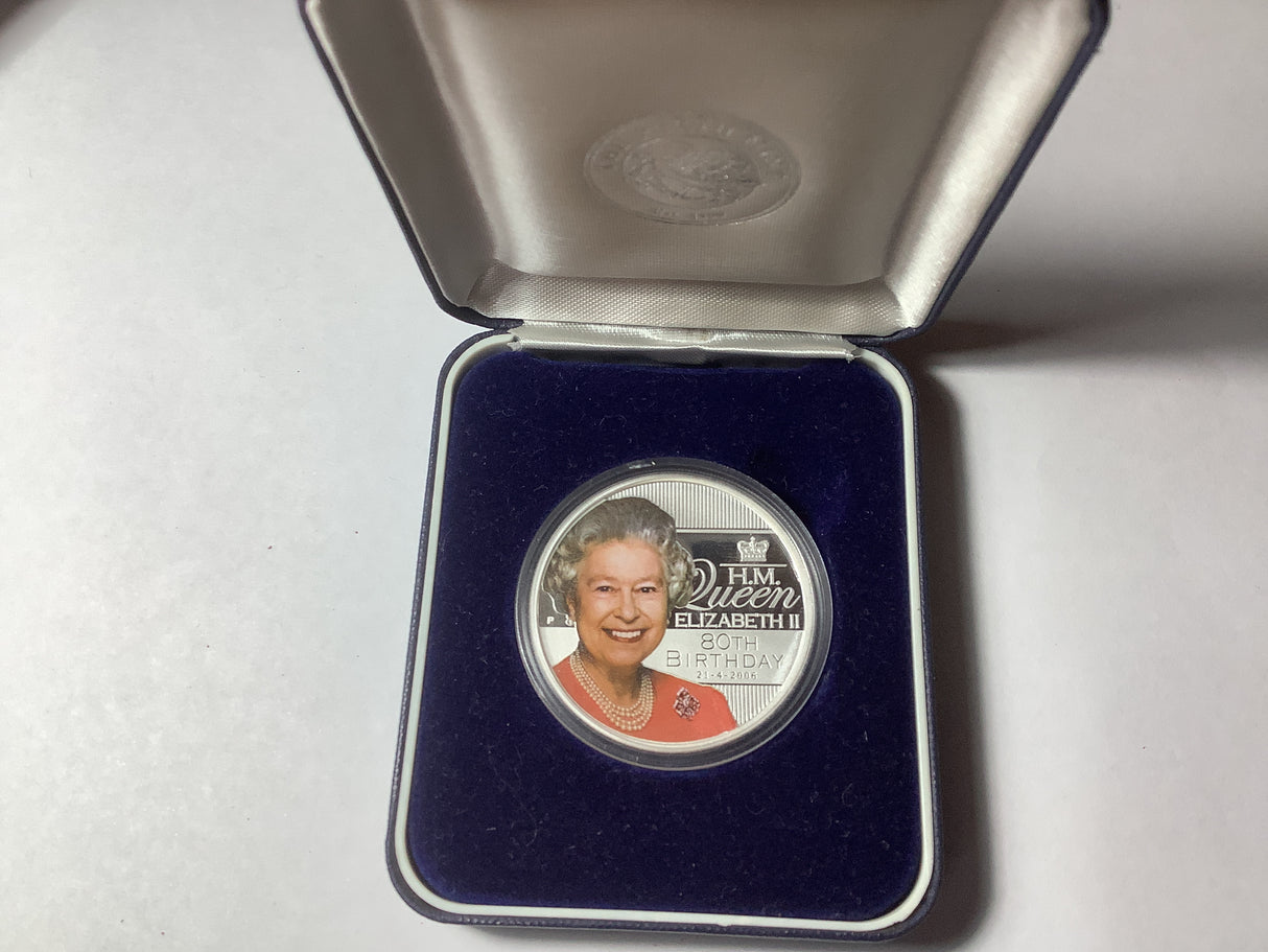 2006 $1 H.M. Queen Elizabeth II 80th Birthday 1 Ounce Silver Coin.