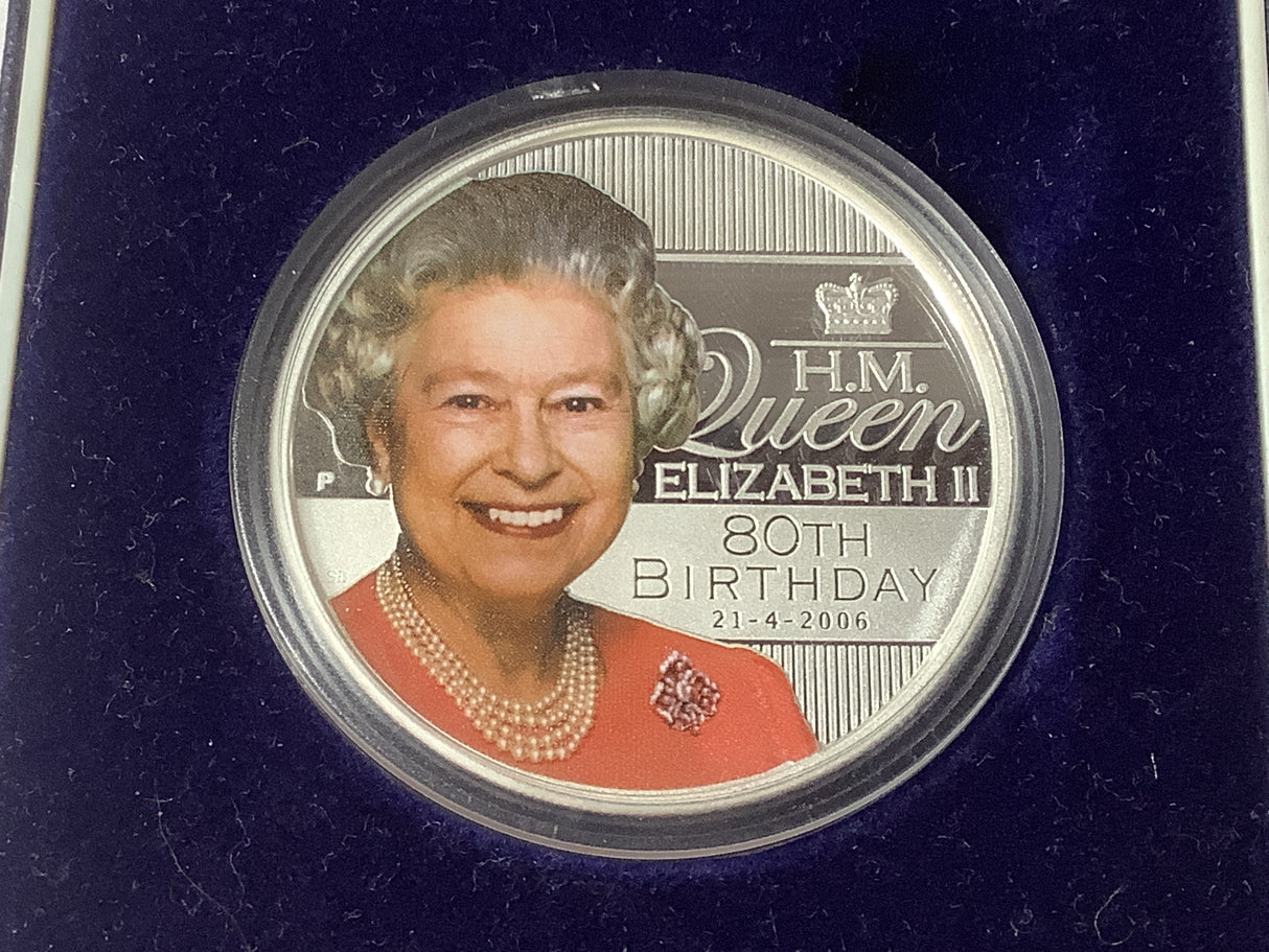 2006 $1 H.M. Queen Elizabeth II 80th Birthday 1 Ounce Silver Coin.
