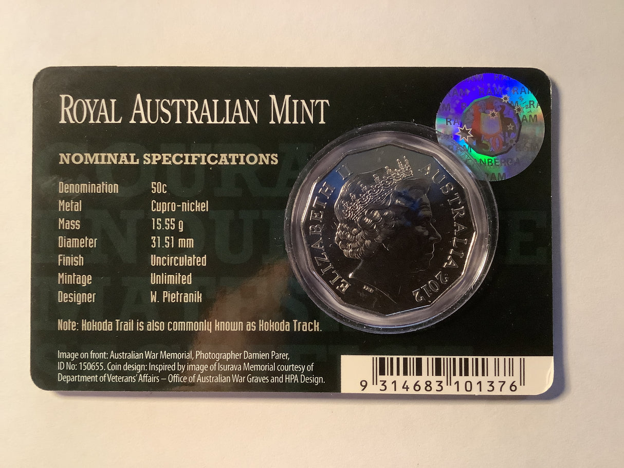 2012 50c Uncirculated Carded Coin. 70th Anniversary of the Kokoda Trail.