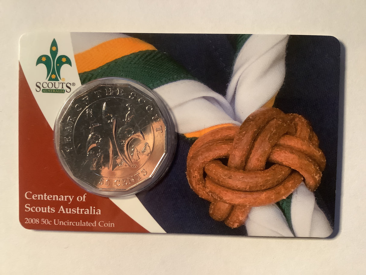 2008 50c Uncirculated Carded Coin. Centenary of Scouts Australia.