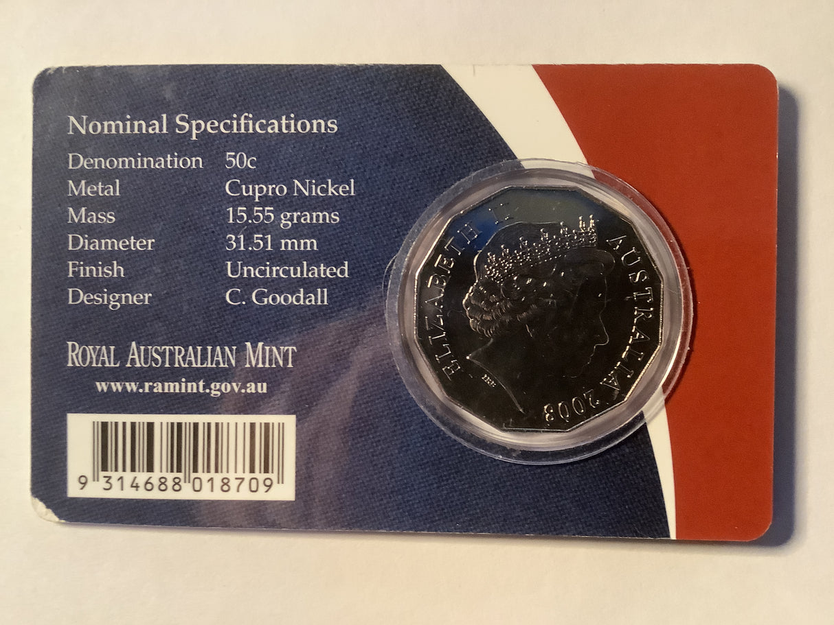 2008 50c Uncirculated Carded Coin. Centenary of Scouts Australia.