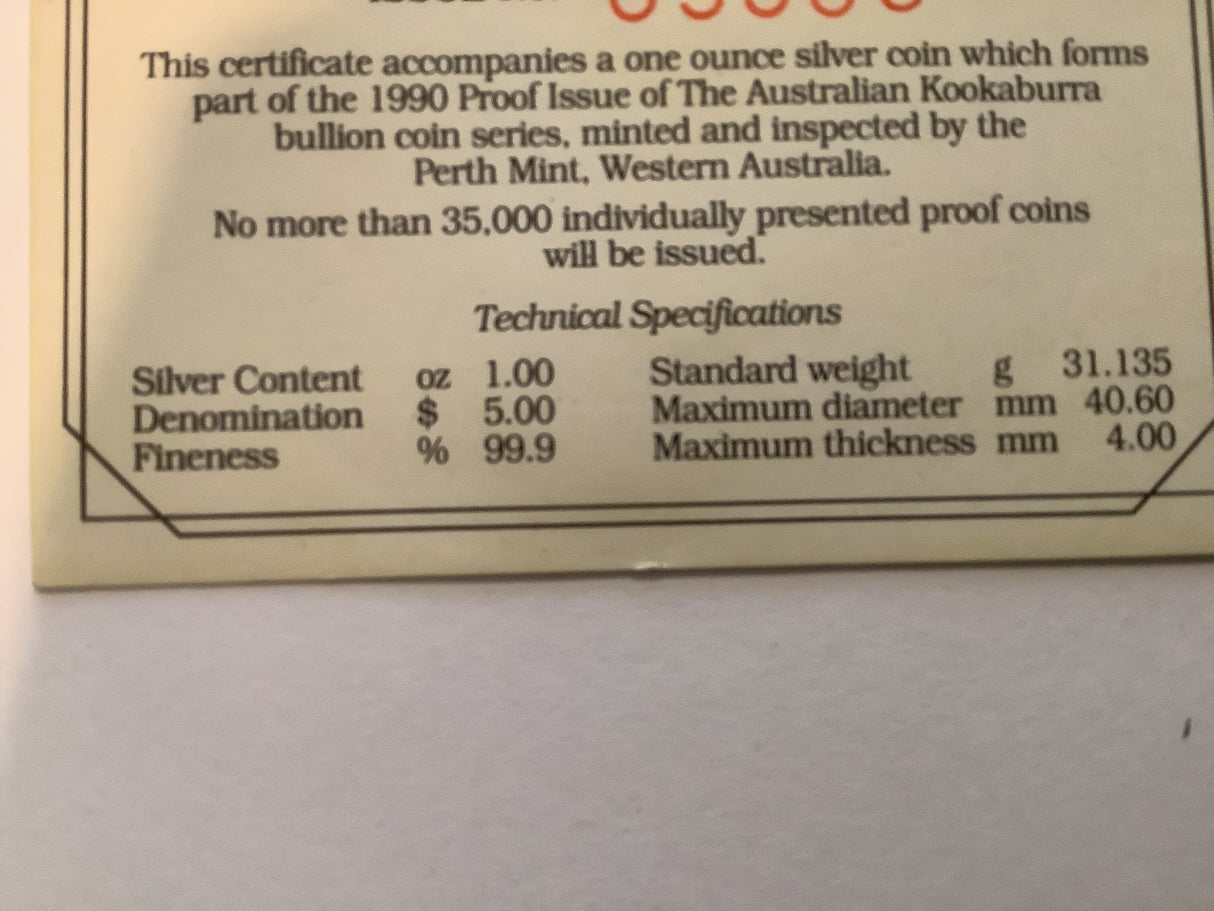 1990 $1 Kookaburra First Issue 1 Ounce Silver Proof Coin.