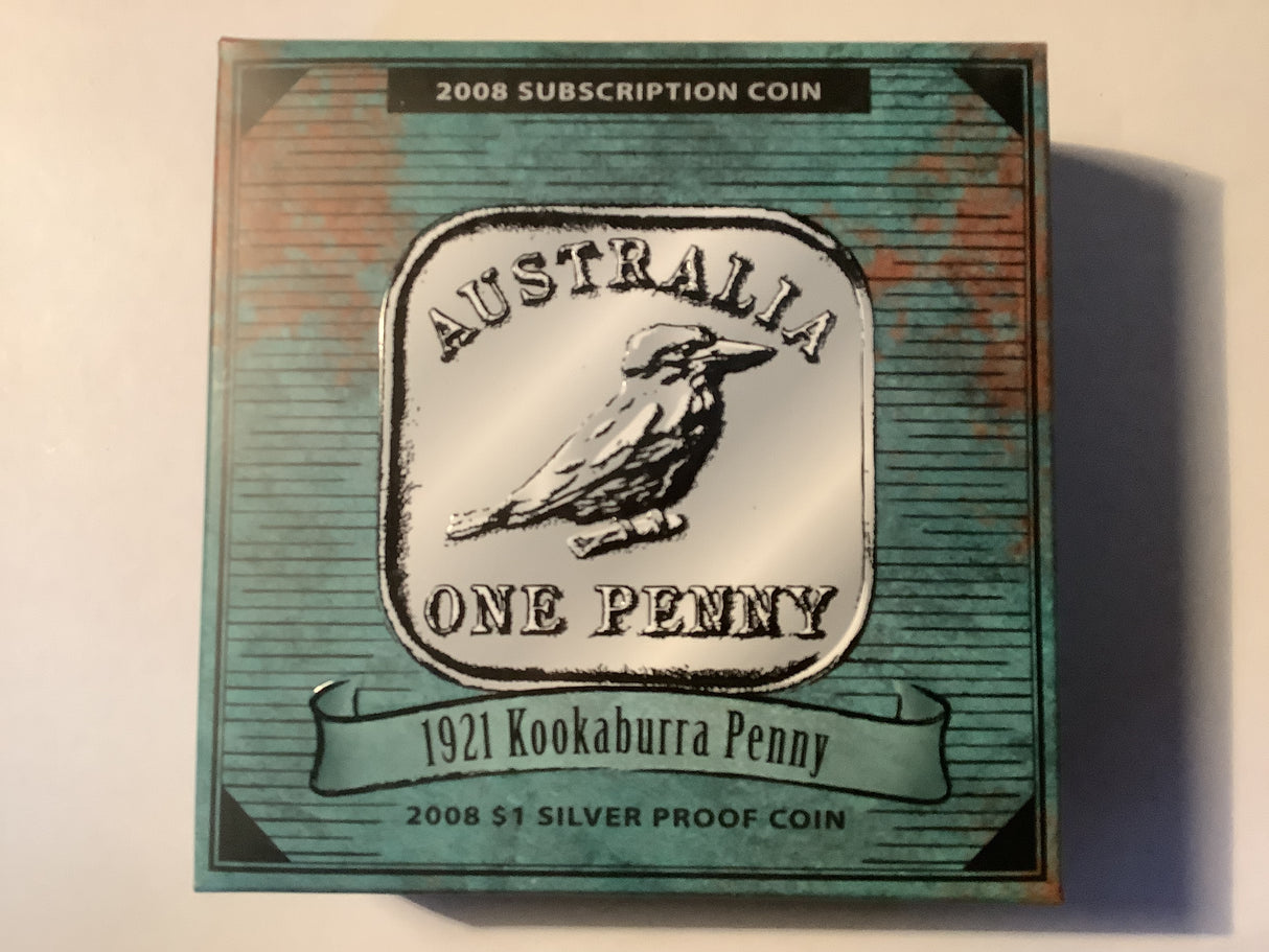 2008 $1 Subscription Silver Proof Coin. 1921 Kookaburra Penny.