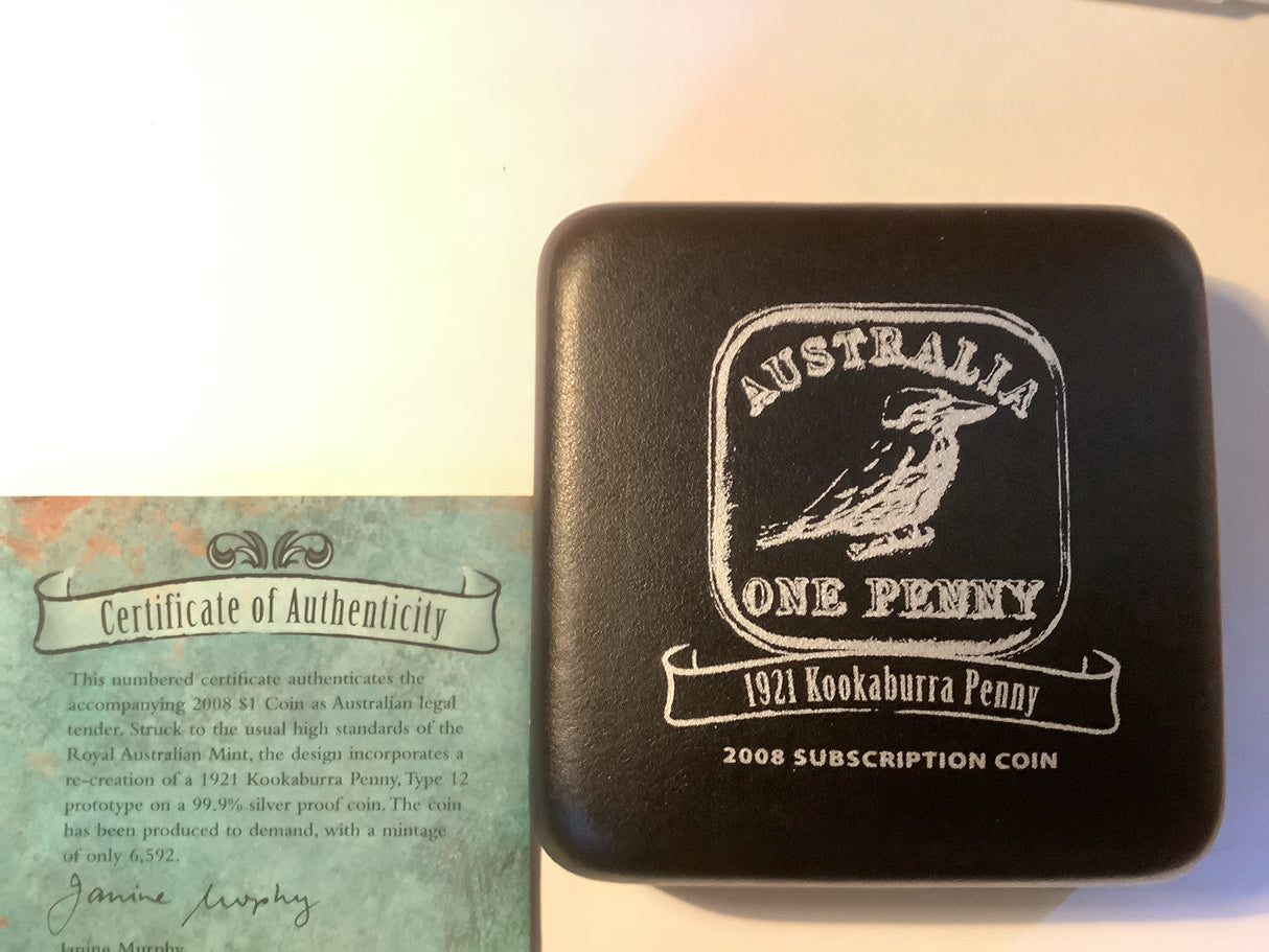 2008 $1 Subscription Silver Proof Coin. 1921 Kookaburra Penny.