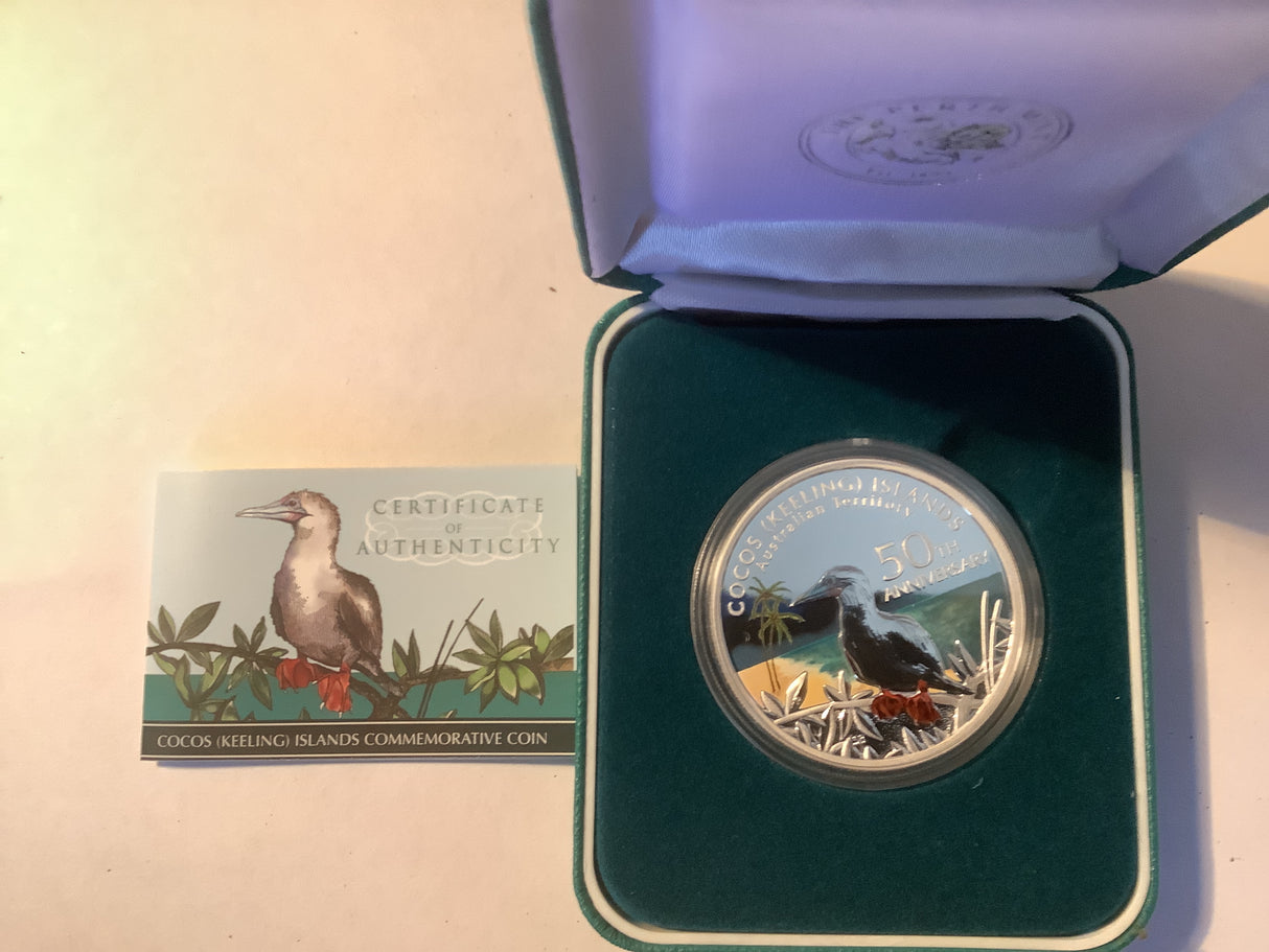 2005 $1 Coco Islands (Kelling) 50th Anniversary 1 ounce silver proof coin.