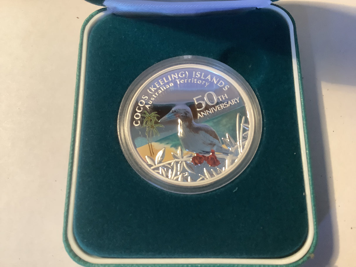 2005 $1 Coco Islands (Kelling) 50th Anniversary 1 ounce silver proof coin.