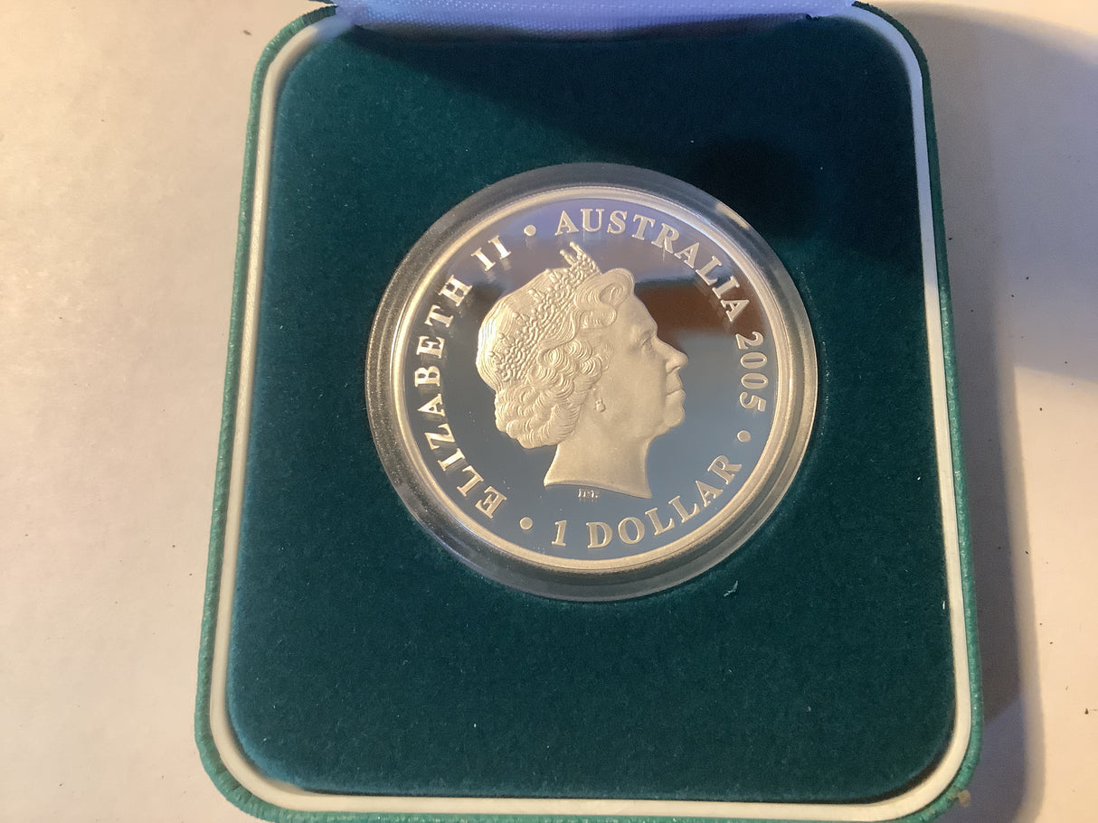 2005 $1 Coco Islands (Kelling) 50th Anniversary 1 ounce silver proof coin.