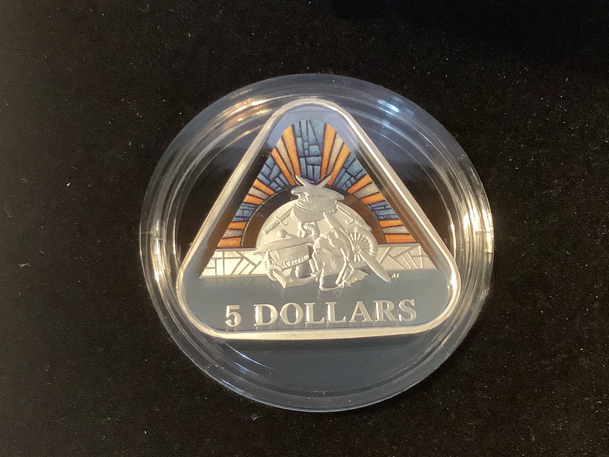 2018 $5 Coloured Fine Silver Proof Triangular Coin. Australian Defence Forces. Land, Sea and Air.