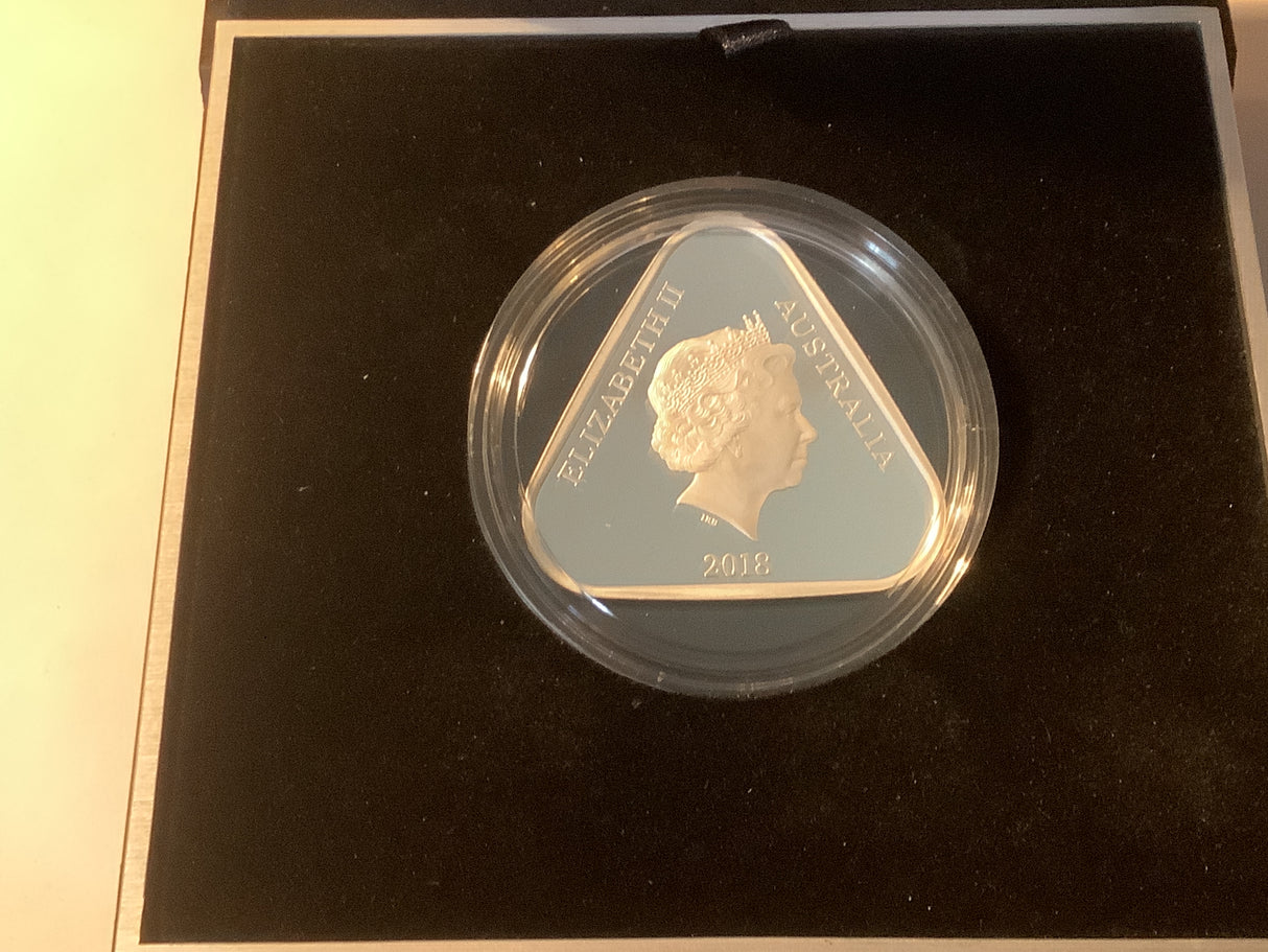 2018 $5 Coloured Fine Silver Proof Triangular Coin. Australian Defence Forces. Land, Sea and Air.