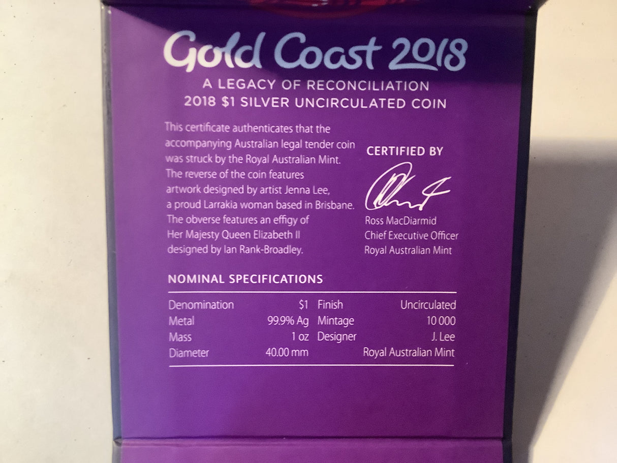 2018 $1 Gold Goast Commonwealth. Games Silver Uncirculated Coin. Reconciliation.