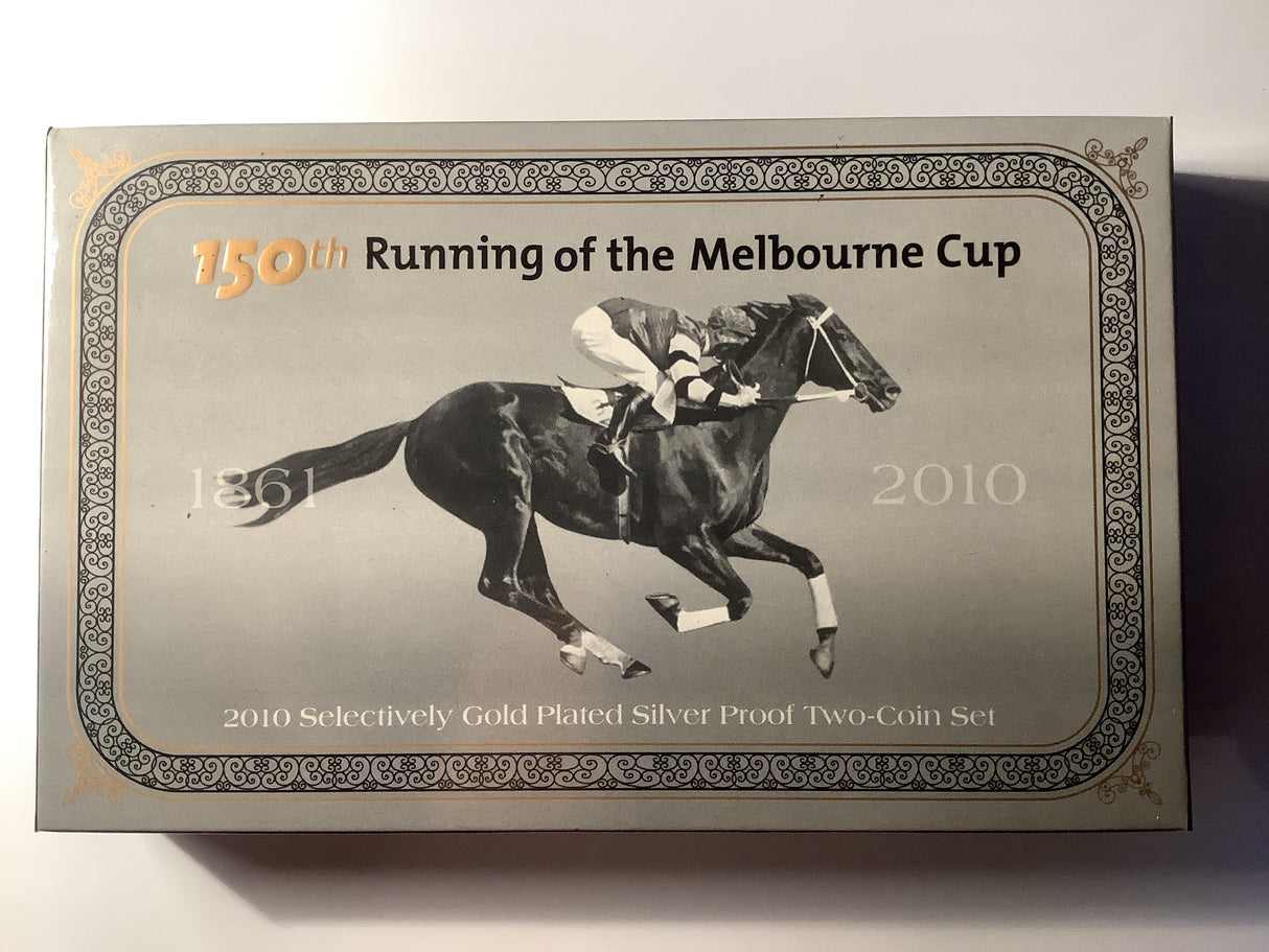 2010 Selectively Gold Plated Silver Proof 2 Coin Set. 150th Running of the Melbourne Cup.
