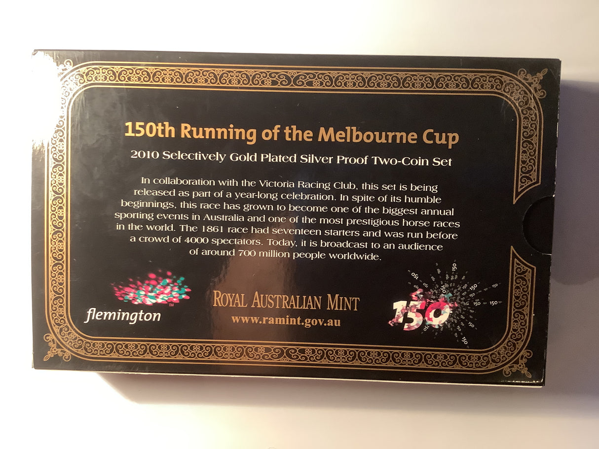 2010 Selectively Gold Plated Silver Proof 2 Coin Set. 150th Running of the Melbourne Cup.