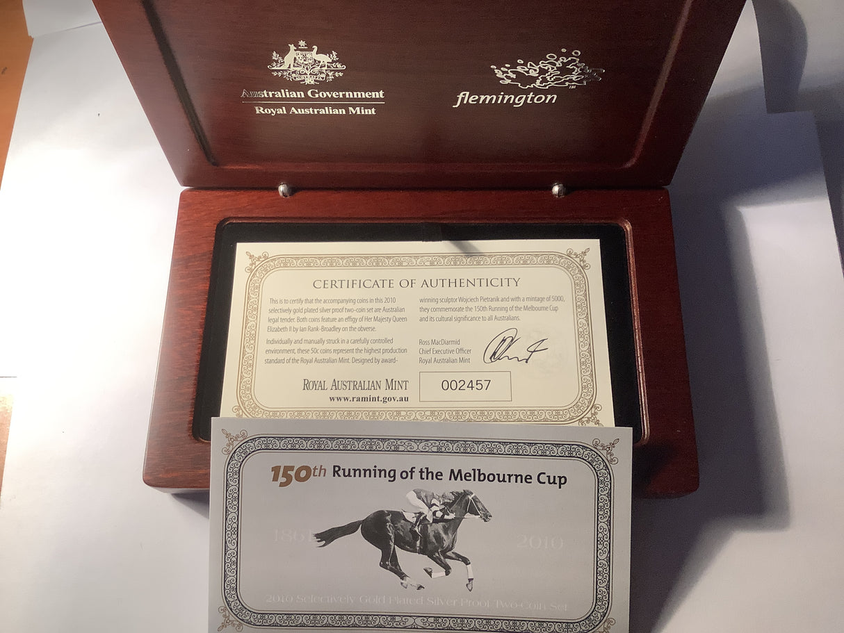 2010 Selectively Gold Plated Silver Proof 2 Coin Set. 150th Running of the Melbourne Cup.