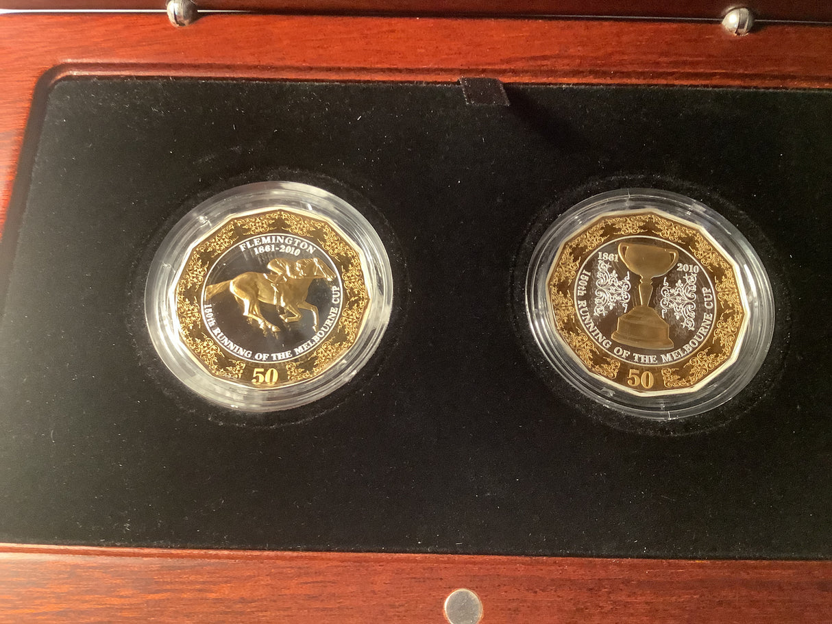 2010 Selectively Gold Plated Silver Proof 2 Coin Set. 150th Running of the Melbourne Cup.