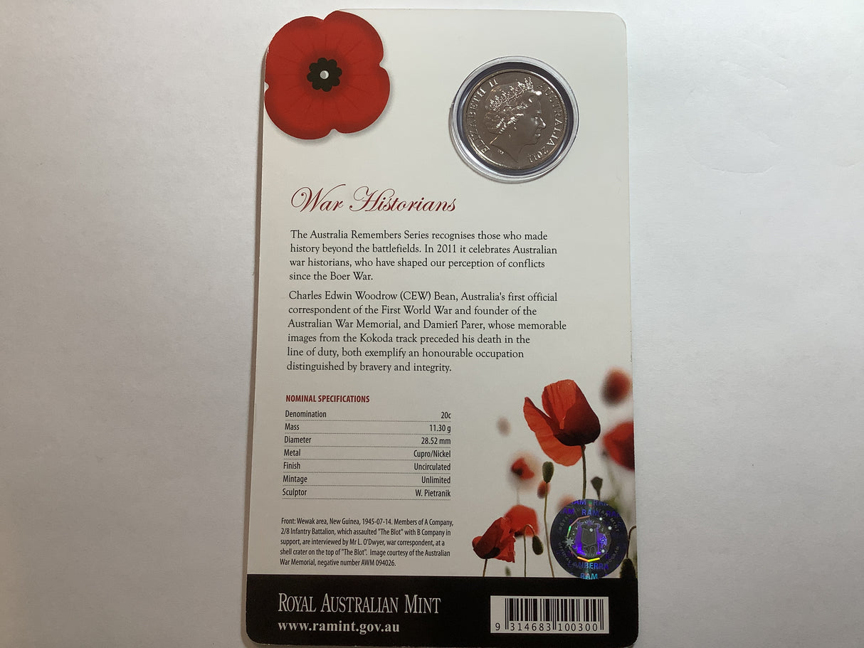 2011 20c Uncirculated Carded Coin. Australia Remembers. War Historians