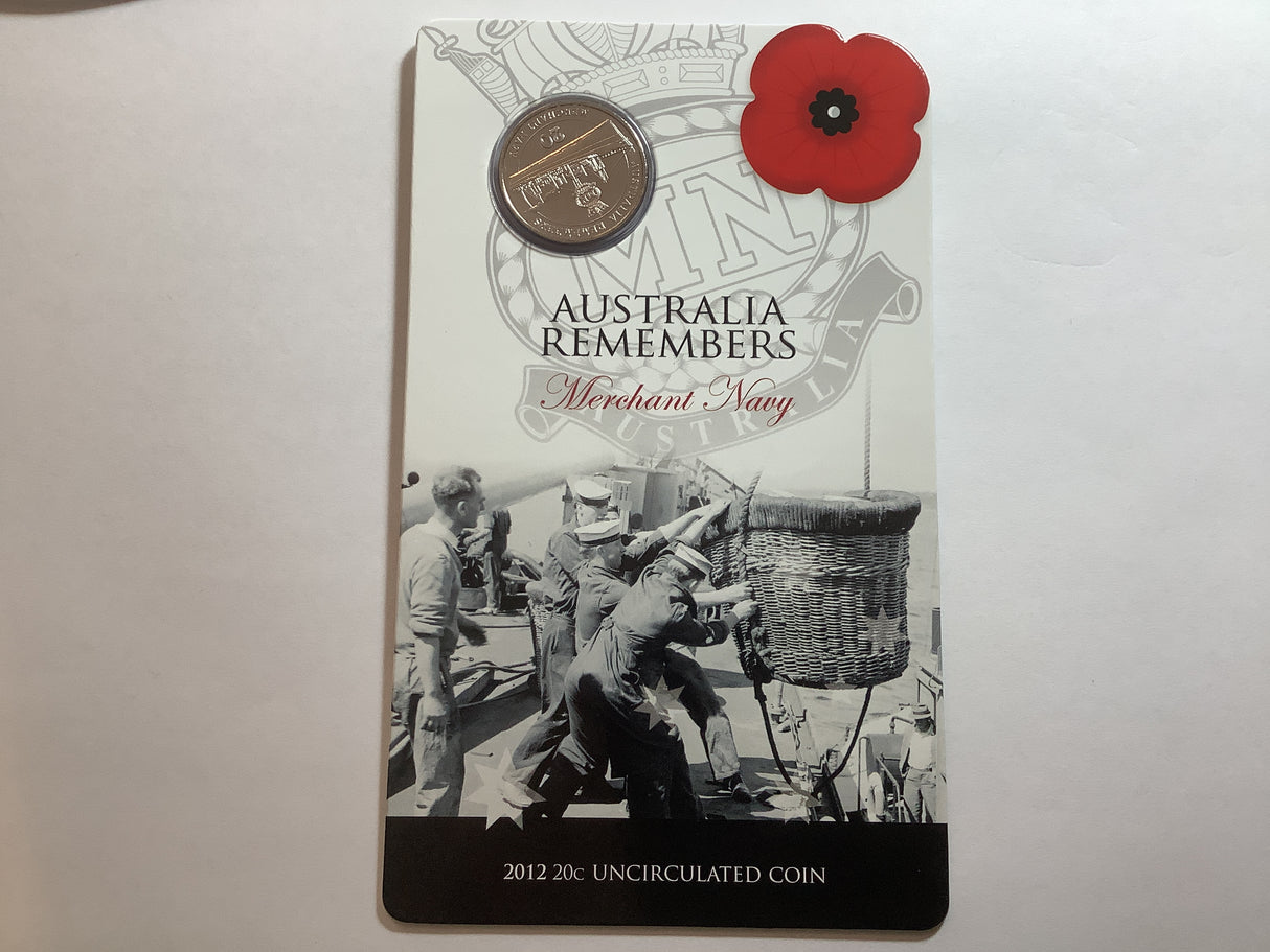 2012 20c Uncirculated Carded Coin. Australia Remembers. Merchant Navy