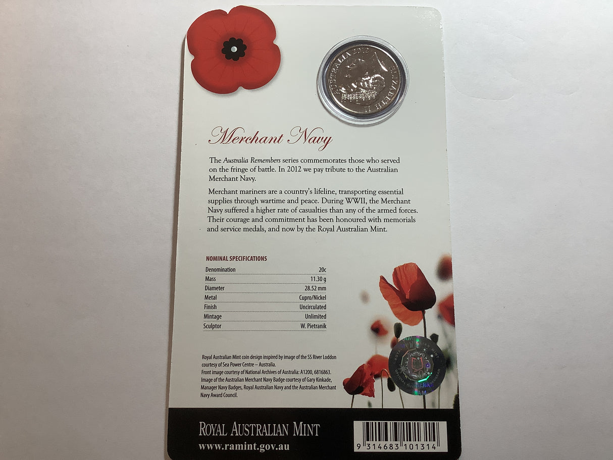 2012 20c Uncirculated Carded Coin. Australia Remembers. Merchant Navy