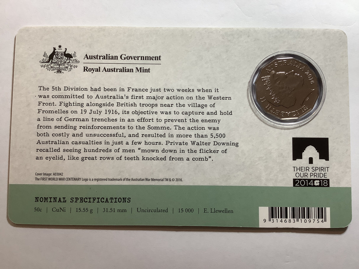2016 50c The battle of Fromelles uncirculated carded coin