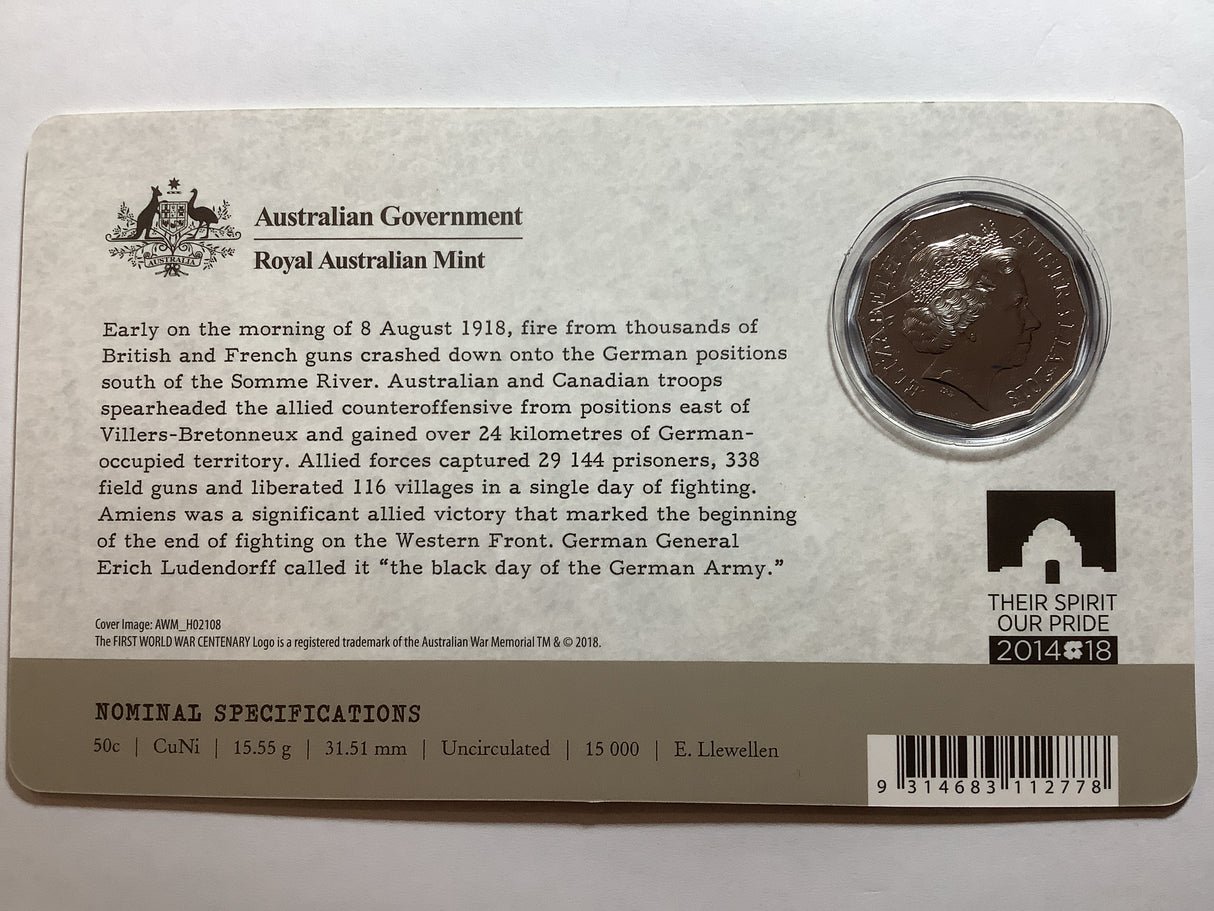 2018 50c The battle of Amiens uncirculated carded coin